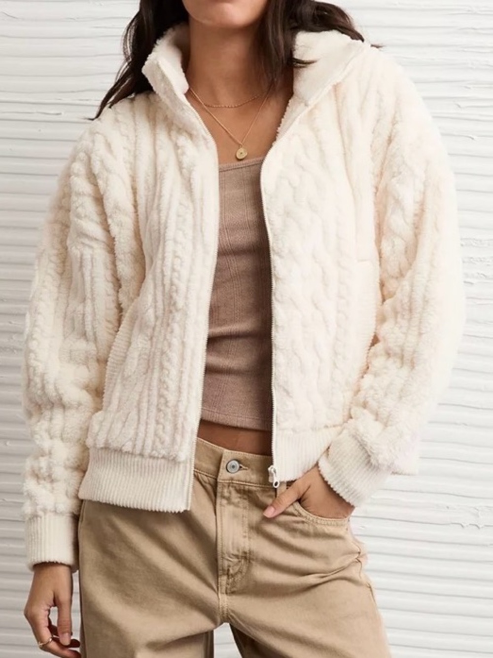 American Eagle Outfitters Cream Cable Teddy Zip Jacket